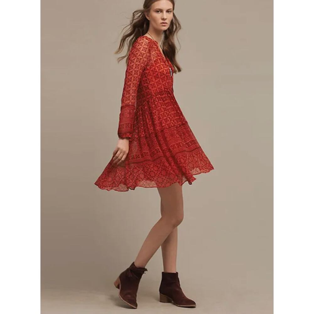 Maeve Anthropologie Canna‎ Swing Dress Sheer Layer Long Sleeve Babydoll Red 4